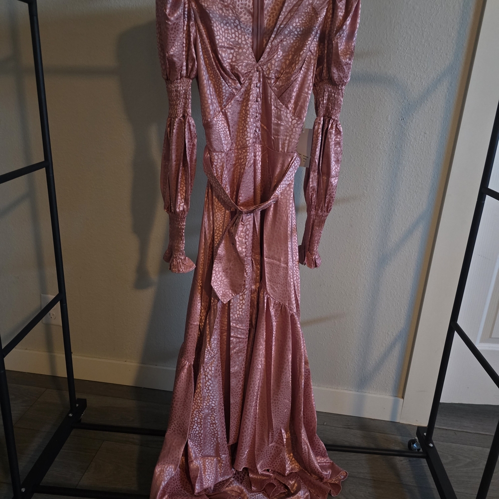 Pink and Gold Ruched Plunge Gown with Bishop Sleeves